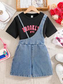 Girls Printed Short Sleeve T-Shirt & Asymmetric Denim Bib Shorts Set - Black - View 1