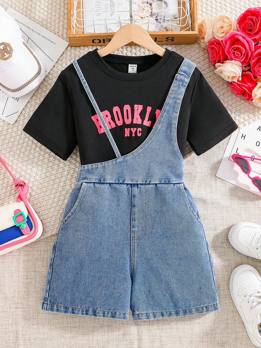 Girls Printed Short Sleeve T-Shirt & Asymmetric Denim Bib Shorts Set - Black - View 1