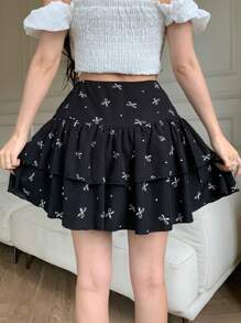 Modelyn Women's Bow Print High Waist Ruffle Skorts - Black - View 2