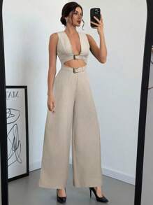 Firerie Nuevo conjunto de primavera/verano de 2 piezas: Elegante y vintage chaleco de color negro sólido, de doble botonadura, con escote en V y estructura hueca, talla grande pantalones casuales minimalistas de talle alto y pierna ancha con hebilla metálica.