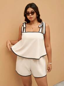Elaquor Bộ 2 chiếc/Bộ áo hai dây xếp nếp và quần short cỡ lớn dành cho nữ, Bộ trang phục mùa hè 2 món, Trang phục mùa hè dành cho nữ - Màu be - Xem 6