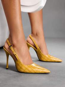 CUCCOO SZL Women's Fashion Mustard Yellow Crocodile Embossed Pointed Toe Slingback High Heel Shoes For Christmas Valentine's Day - Yellow - View 2