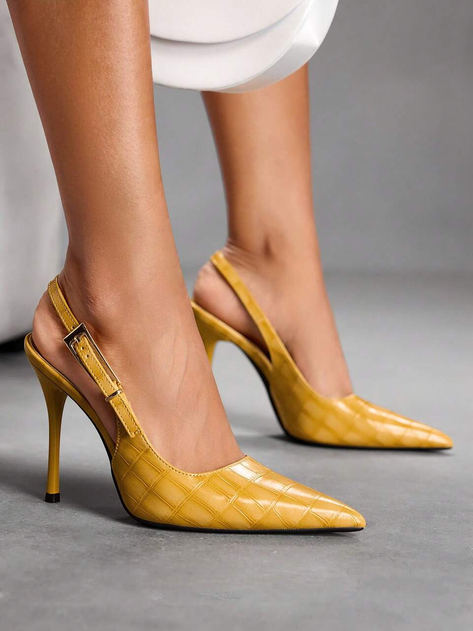 CUCCOO SZL Women's Fashion Mustard Yellow Crocodile Embossed Pointed Toe Slingback High Heel Shoes For Christmas Valentine's Day Spring Shoes