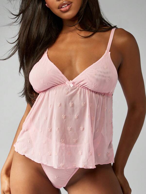 Missguided x Playboy Elegant Babydoll Lingerie Intimate Apparel And Panty Set With Delicate Bunny Pattern Mesh Overlay Sleepwear Nightwear Valentine Day Gift