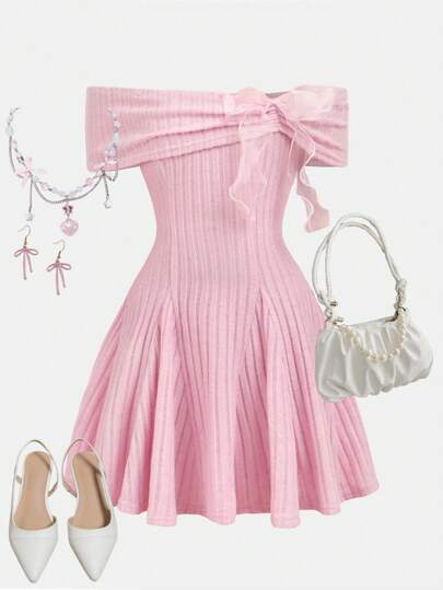 Girlism Tween Girls Off-Shoulder Bowknot Long Sleeve T-Shirt Dresses, Back-To-School Outfit, Cute Tops For School, Pink Top, Fall Tops, Preppy Tops For Valentine's Day, Summer Outfits, Casual Dress For Gatherings, Spring/Summer, Holiday