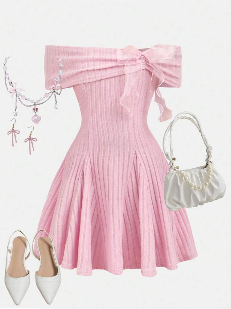 Girlism Vestido de camiseta de manga larga con hombros descubiertos y lazo para niñas preadolescentes, conjunto de regreso a la escuela, blusas lindas para la escuela, blusa rosa, blusas de otoño, blusas elegantes para el Día de San Valentín, atuendos de verano, vestido casual para reuniones, primavera/verano, vacaciones - Rosa - Añade 1