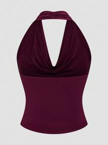 SHEIN MOOSTA Bộ đồ nữ thành thị gợi cảm lãng mạn không tay hở lưng cổ xếp ly + váy maxi xẻ cao màu đỏ rượu vang - Màu Đỏ Sâu - Xem 5