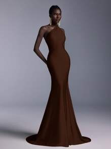 Elitara Elegant, Glamorous, And Stylish, This Coffee-Brown Knit Dress Features A Deep Backless Design, A Flowing Ribbon Neckline, And A Fitted Mermaid Silhouette With A Long Train. Suitable For Formal Occasions Such As Weddings, Cocktail Parties, Balls, And Elaborate Evening Gowns. - Brown - View 7