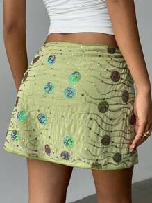 Aloruh 女式 YTK 性感优雅亮片刺绣绿色迷你裙女式夏季服装女式裙子鼠尾草绿色裙子 - 綠色 - 查看 2