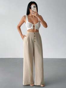 EURMUSE Women Solid Color Button Front And Pocket Detailed Wide Leg Pants Women Summer Clothing Women S Bottoms Women Clothing Summer Outfits - Flint Stone - View 7