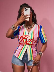 Slaydiva 2025夏季新款音乐节/毕业/生日派对/日常/休闲/度假/邮轮/沙滩装女士休闲V领条纹百搭上衣，热卖 - 彩色 - 查看 1