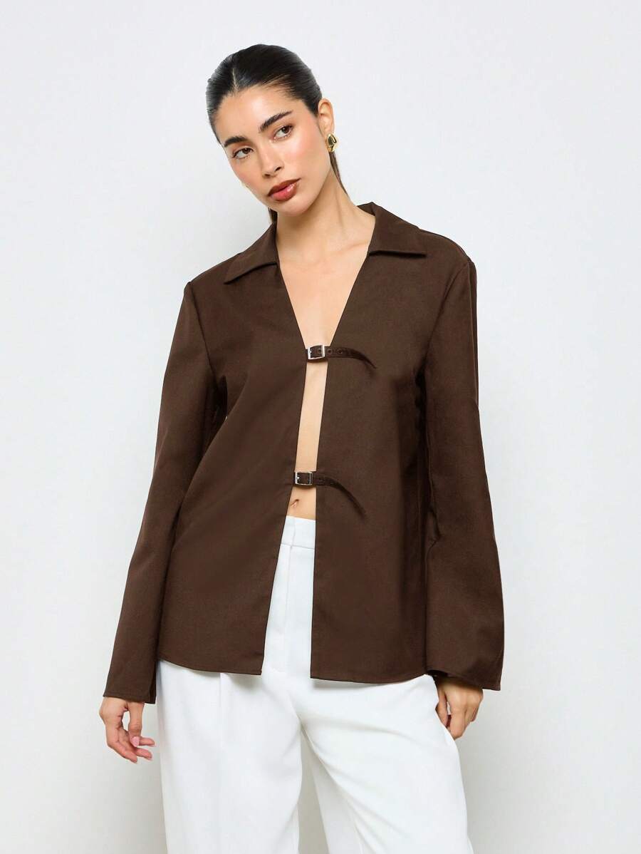 AiiRZ 优雅缎面衬衫长袖前扣领办公室工作专业秋春时尚个性单品商务休闲晚装 - 巧克力棕 - 查看 1