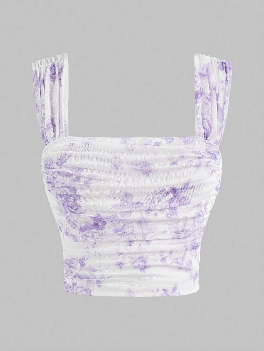 SHEIN Girlism Tween Girl Elegant Square Neck Floral Print Slim Fit Pleated Top Wide Strap Pleated Side Top - Mauve Purple - View 1