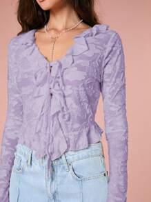 Enchnt 女士优雅纯色镂空荷叶边系带T恤