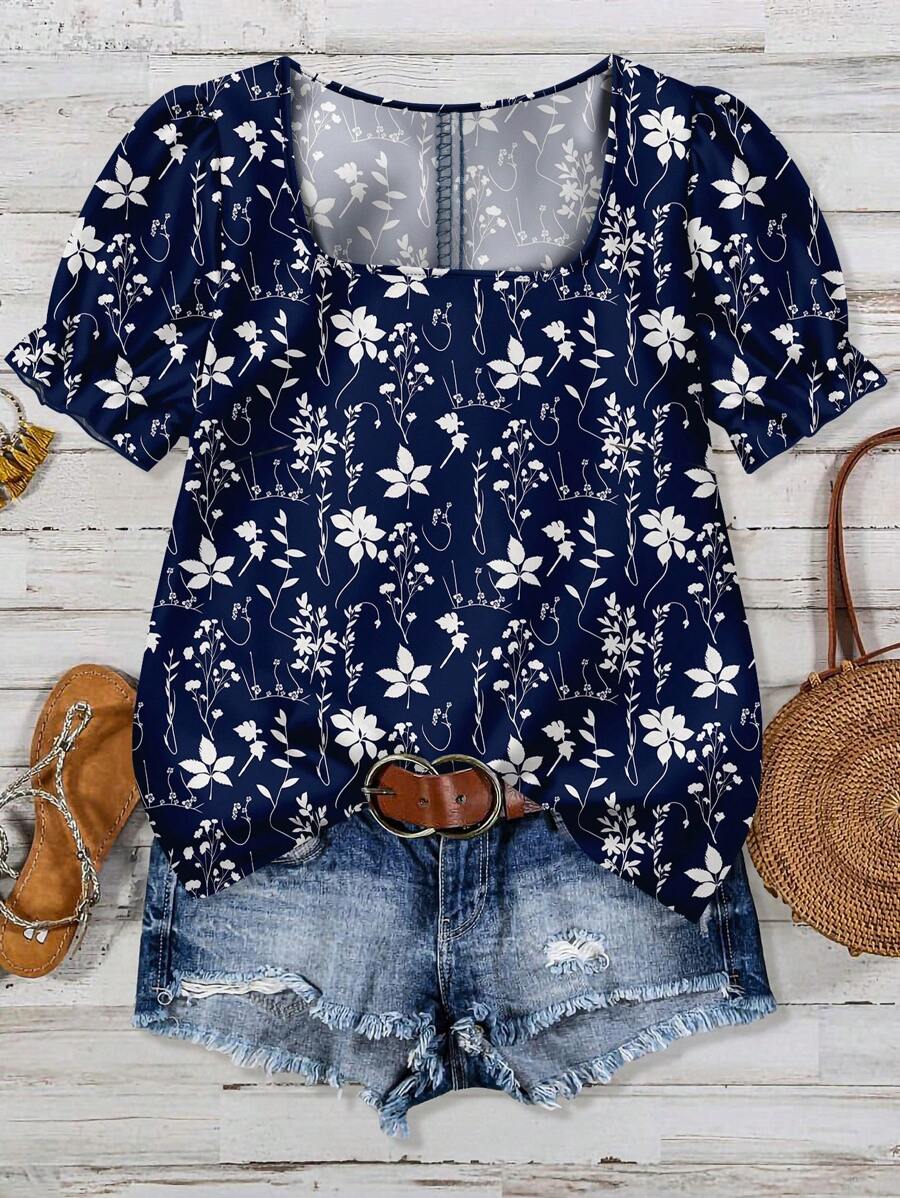 EMERY ROSE Plus Size Casual Minimalist Shirt, Suitable For Summer - Navy Blue - View 1