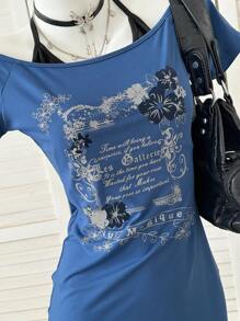 SHEIN Y2K 标语印花撞色二合一迷你连衣裙