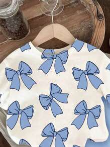 SHEIN Baby Girls' Butterfly Print Round Neck Short Sleeve T-Shirt And Knit Leggings Shorts Cute Set, Blue - Blue - View 5