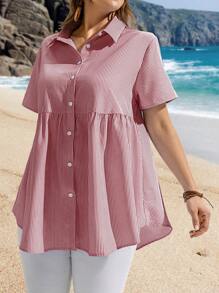 EMERY ROSE Áo sơ mi sọc thường ngày cỡ lớn, đơn giản và thời trang để mặc hàng ngày, mùa hè, quà tặng cho mẹ, phong cách Bohemian, nghỉ xuân, tiệc tùng, đồng quê - Đỏ - Xem 5