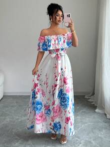 Elenzga Vestido de moda para vacaciones con hombros descubiertos, estampado floral y dobladillo con volantes para mujeres - Rosa - Ver 6