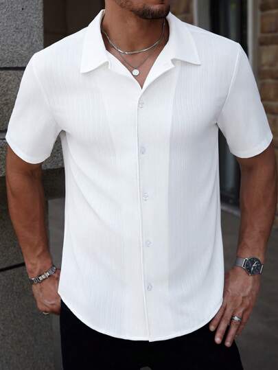 Manfinity RelaxMax 男士休闲纯色纹理面料翻领短袖衬衫，夏季