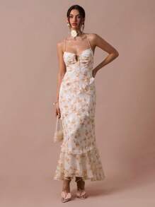 Enchnt 春夏浪漫女士橙色花卉印花系带前褶边下摆吊带中长连衣裙，甜美优雅，适合度假、约会、节日、派对、毕业典礼、婚礼嘉宾、海滩和宴会、舞会礼服、女士夏季连衣裙、夏季服装