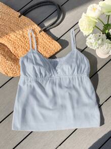 Comfortcana 全新夏季 V 领花卉蕾丝边吊带背心 - 藍色 - 查看 5