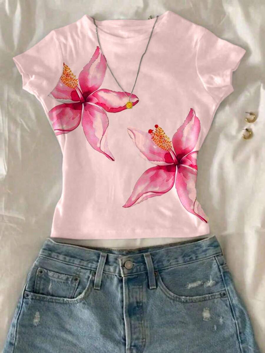 SHEIN Girls Short Round Neck Short Sleeve T-Shirt, Lily Floral Print Design, Stylish And Cute, Suitable For Spring/Summer - Pink - View 1