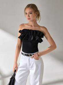 Solid Y2k Cotton Ruffle Trim Tube Top - Black - View 7