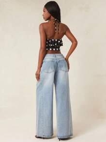 NYA SZN Quần jeans denim cạp trung dáng rộng, màu sáng, phong cách đường phố, thích hợp mặc hàng ngày, đi ăn trưa, mùa thu, dự lễ hội, lễ hội hóa trang dành cho nữ. - Rửa nhẹ - Xem 2