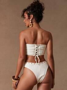 NYA SZN Women Solid Color Lace Up Bandeau Bikini Top For Summer Beach Vacation - Apricot - View 2
