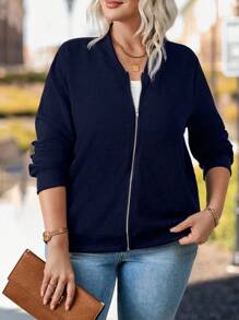 大码休闲纯色百搭通勤夹克 - 藍色 - 查看 4