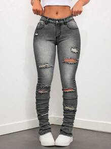 SHEIN ICON Jeans ajustados para mujer de talle bajo con lavado desgastado