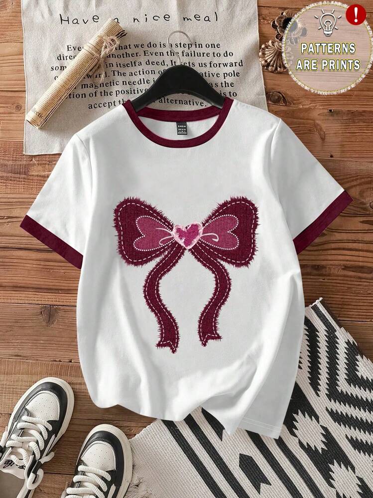 SHEIN EZwear 休闲简约贴花印花图案圆领短袖宽松T恤女款，适合夏季 - 彩色 - 查看 2