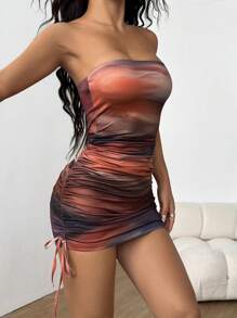 SHEIN PETITE 复古渐变色抽绳侧抹胸紧身迷你连衣裙，非常适合度假 - 彩色 - 查看 5