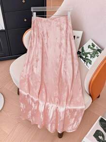 SHEIN Clasi Saia Longa Feminina de Cetim Rosa com Amarração e Jacquard - Rosa chiclete - Visão 2