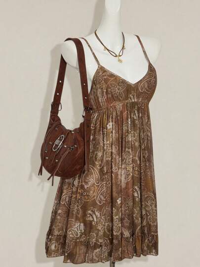 SHEIN ICON Y2k Western Going Out Vintage Boho Hippie Babydoll Flowy Paisley Print Spaghetti Strap Mesh Vacation Casual Dress Vacation Dress