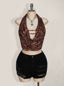 SHEIN ICON 加大码女士复古佩斯利花纹吊带露背上衣，Y2K复古露背款，夜店性感风 - 棕色 - 查看 7