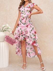 Ellevyn 女式 V 领裹身荷叶边袖花卉印花雪纺褶皱 A 字高低连衣裙，优雅日常浪漫春夏长裙 - 彩色 - 查看 6