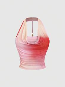 Sweetra Blusa de diseño con cuello con lazo, cintura fruncida, espalda descubierta y decoración metálica, con estampado teñido anudado por toda la prenda, adecuada para viajes y vacaciones