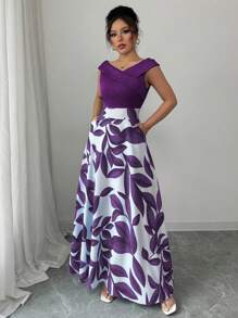 Elenzga 女士蓝色拼色印花连衣裙，斜襟领口，收腰设计，休闲度假风格 - 紫色 - 查看 4