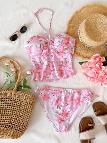 Teen Girls Floral Print Halter Neck Bikini Sets For Beach Vacation - Pink - View 6
