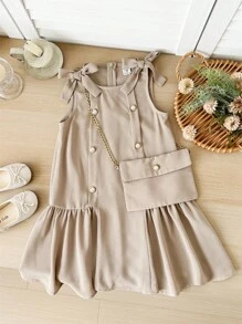 SHEIN LMoss Kids Vestido justo sem mangas com decote redondo e cor sólida para meninas - Caqui - Ver 5