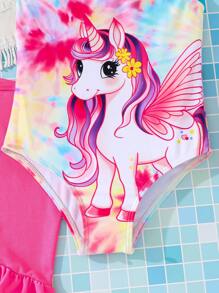 SHEIN Costume da bagno a 2 pezzi con stampa di unicorno effetto tie-dye per ragazza giovane