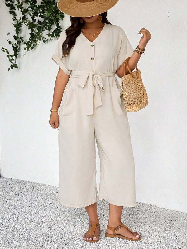 SHEIN Frenchy Plus Size V-Neck Sleeveless Black Jumpsuit For Women, Waist Tie, Pockets, Casual Vacation Wear, Suitable For Summer,Business Casual Woman