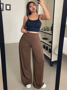 Dazy Plus Plus Fall Solid Color Elastic Waist Wide Leg Knit Casual Pants - Brown - View 4