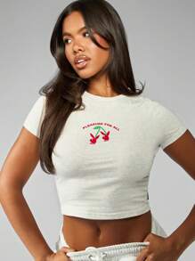 Missguided x Playboy 婴儿短款 T 恤夏季休闲棉质针织短袖短款家居服樱桃印花基本款运动时尚衬衫 - 灰色 - 查看 4