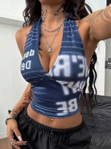 Coolane Women's Summer Concert Rave Going Out Streetwear Y2K Graphics Blue Halter Tank Top - Blue - View 3