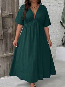 SHEIN VCAY Plus Size V-Neck Ruched Short Sleeve Casual Everyday Comfortable Fashionable Dress - Teal Blue - View 1