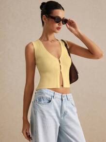 Poéselle Women's Summer Frenchies Casual Solid Color Sleeveless Knit Top Sweater Vest - Mustard Yellow - View 2