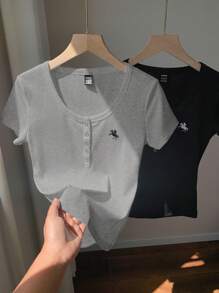 Comfortcana 2pcs/Set Solid Henley Neck Embroidered Slim Fit Short Sleeve T-Shirts, Summer - Grey - View 5